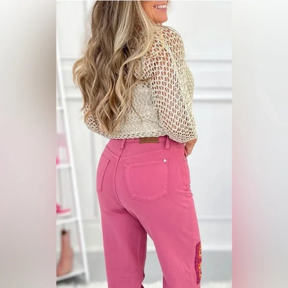 Judy Blue Pink Wide-Leg Jeans with Crochet Patches with all the stretch. - Picture 4 of 6